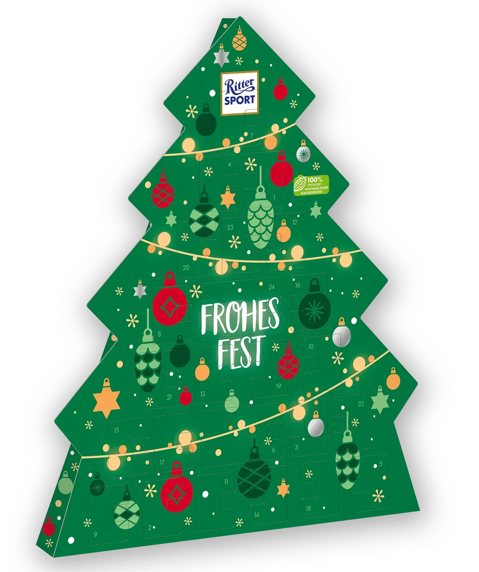 Grüne, weihnachtsbaumförmiger Kalender mit Ornamenten und dem Text „Fröhes Fest“.