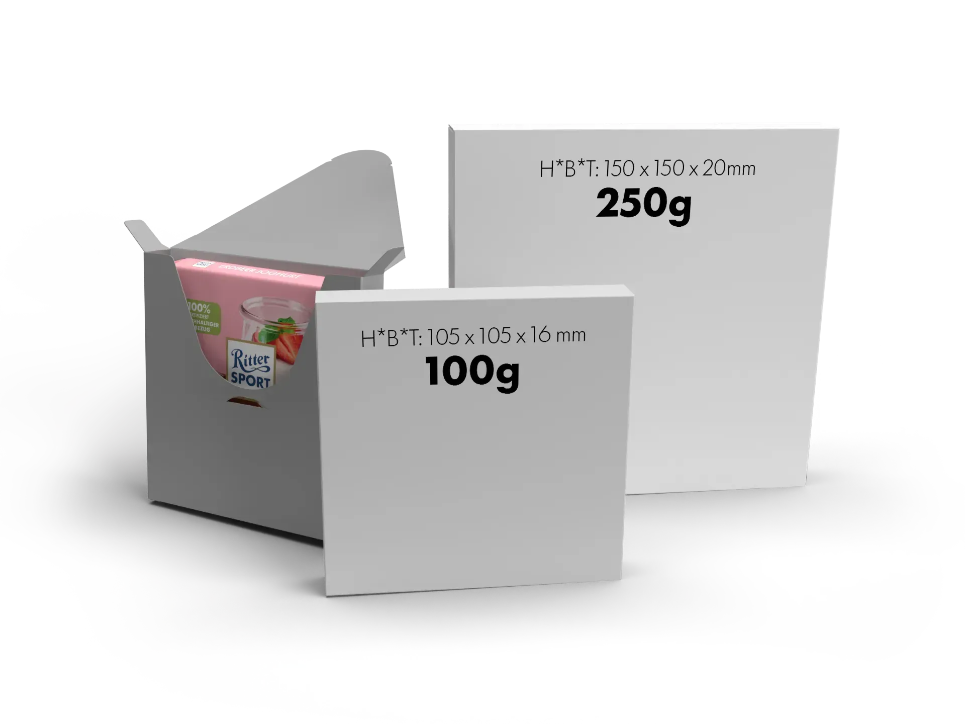 Drei weiße und graue Verpackungskartons mit der Aufschrift 100g, 250g und 250g 