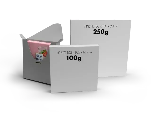Drei weiße und graue Verpackungskartons mit der Aufschrift 100g, 250g und 250g 