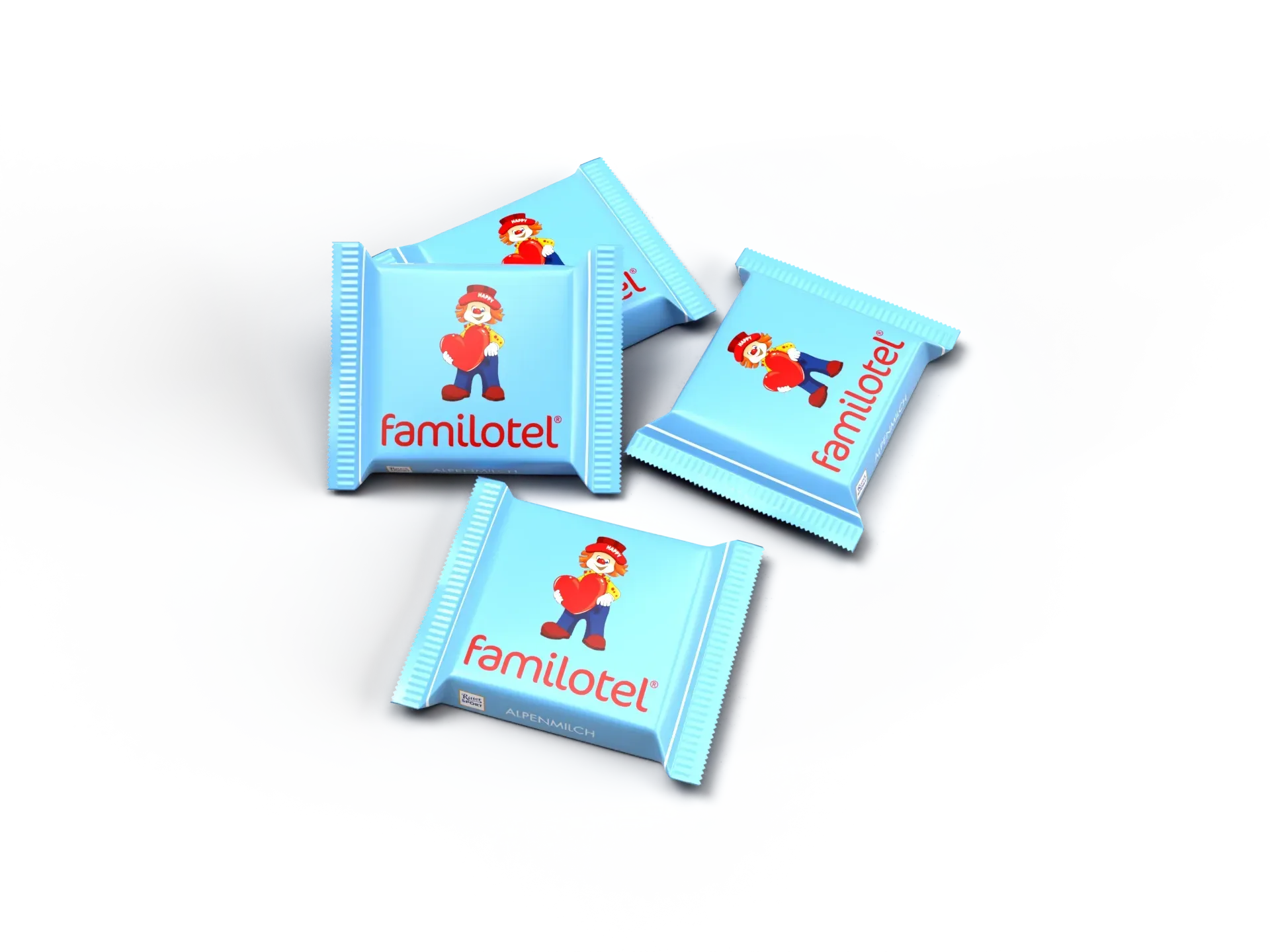 Blau verpackte Familaotel-Schokoladen mit rotem Logo