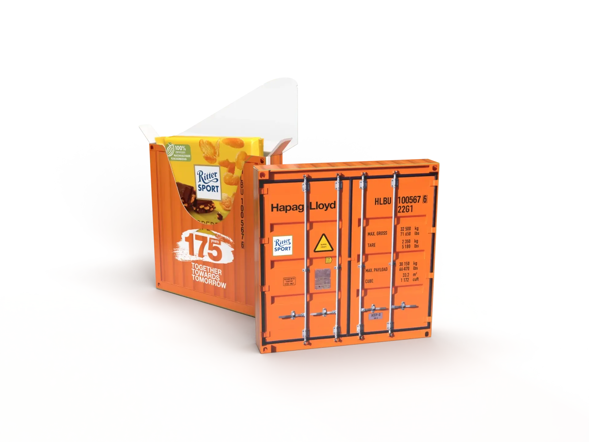 Schokoladenbox als oranger Versandcontainer mit Gefahrenhinweisen, geöffnet dargestellt, dahinter befindet sich eine Schokolade.