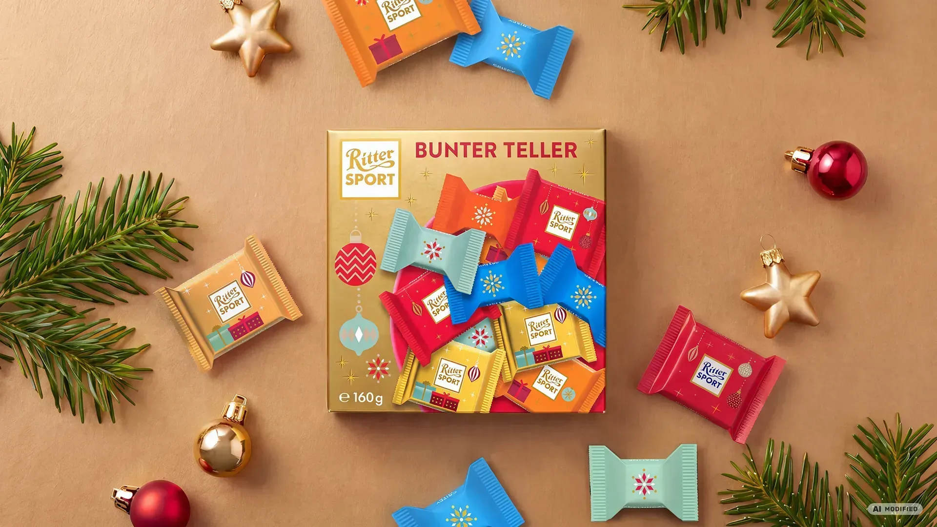 Grüne, pyramidenförmige Geschenkbox mit festlicher roter und goldener Dekoration auf dunkelgrünem Hintergrund. 
Bild wurde mithilfe von KI erstellt.