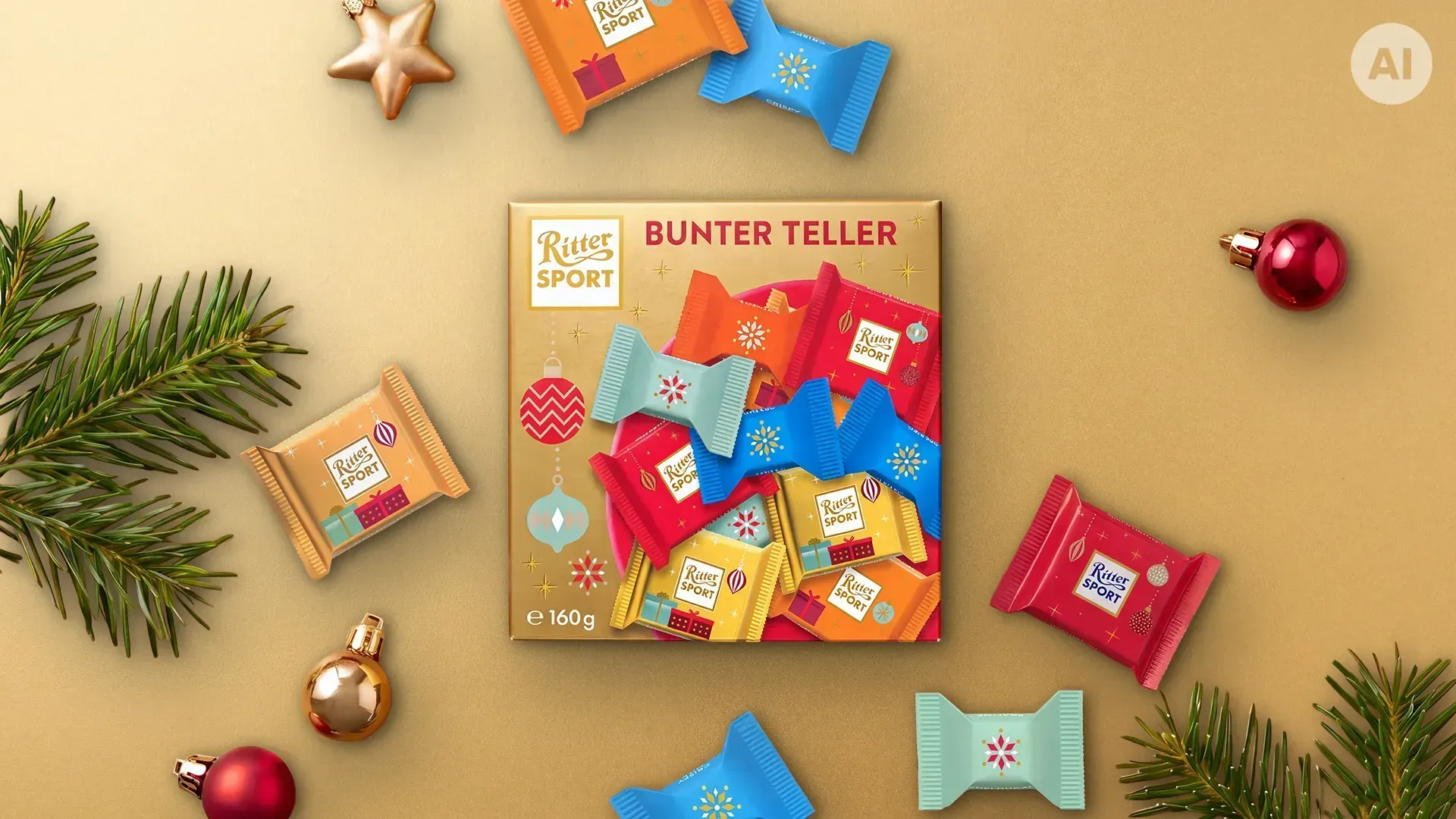 Grüne, pyramidenförmige Geschenkbox mit festlicher roter und goldener Dekoration auf dunkelgrünem Hintergrund. 
Bild wurde mithilfe von KI erstellt.