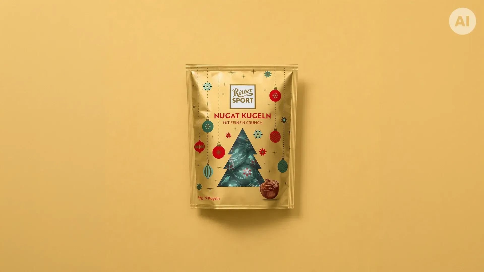 Grüne, pyramidenförmige Geschenkbox mit festlicher roter und goldener Dekoration auf dunkelgrünem Hintergrund. 
Bild wurde mithilfe von KI erstellt.