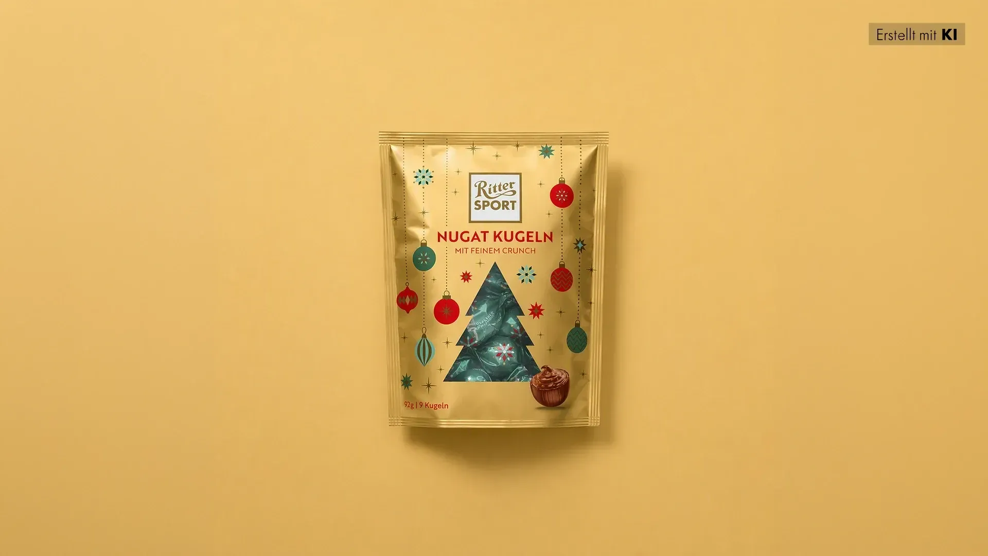 Grüne, pyramidenförmige Geschenkbox mit festlicher roter und goldener Dekoration auf dunkelgrünem Hintergrund. 
Bild wurde mithilfe von KI erstellt.