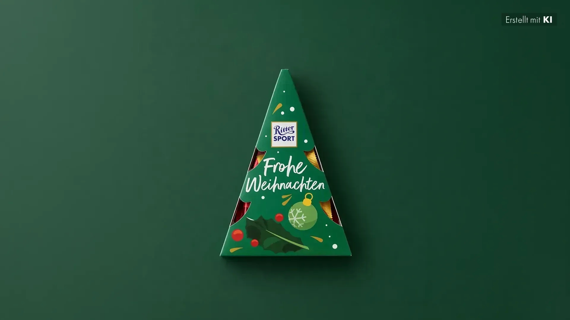Grüne, pyramidenförmige Geschenkbox mit festlicher roter und goldener Dekoration auf dunkelgrünem Hintergrund. 
Bild wurde mithilfe von KI erstellt.