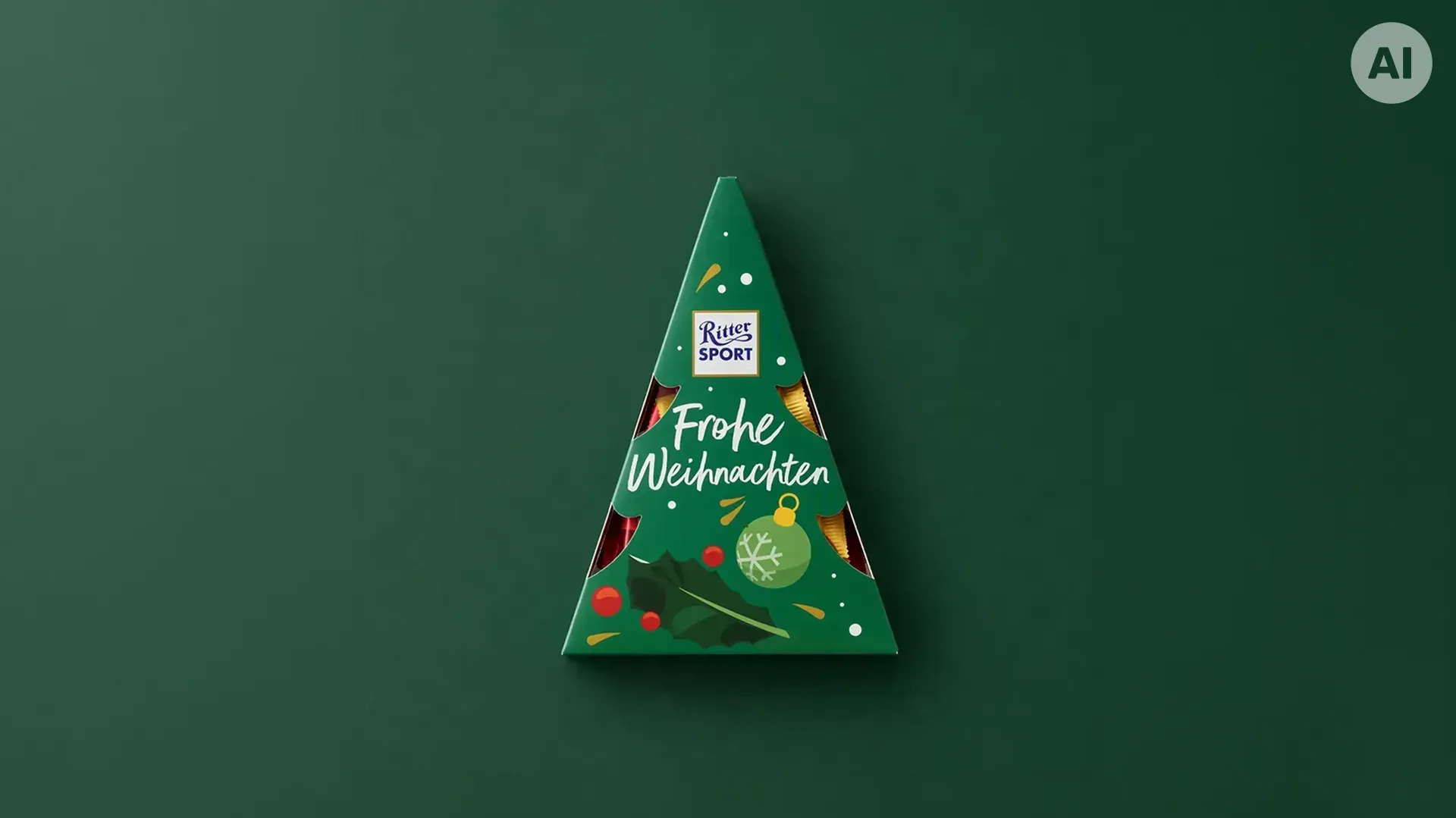 Grüne, pyramidenförmige Geschenkbox mit festlicher roter und goldener Dekoration auf dunkelgrünem Hintergrund. 
Bild wurde mithilfe von KI erstellt.