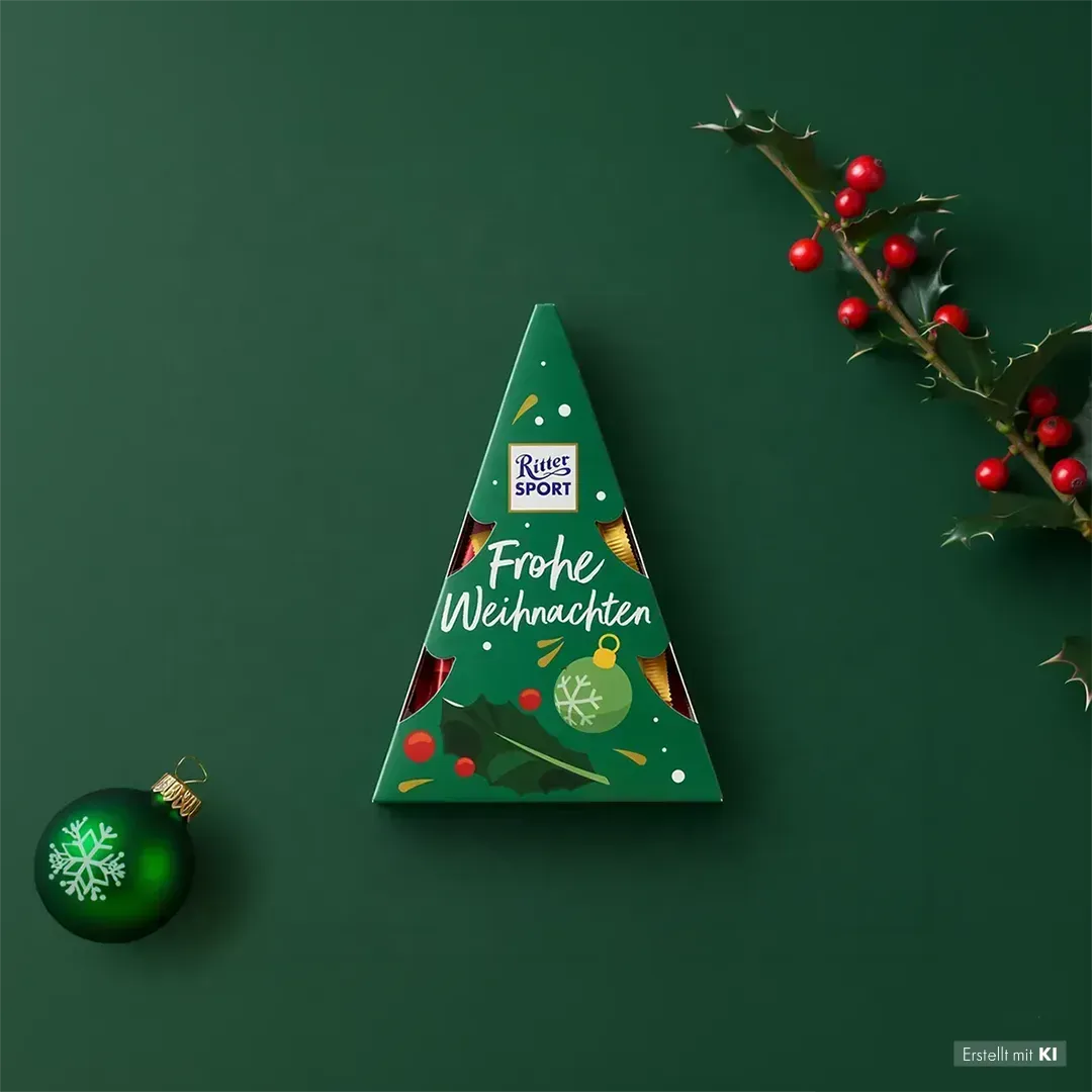 Grüne, dreieckige Geschenkbox mit weißer Schrift auf dunkelgrünem Hintergrund mit Ornamenten und Beeren. Bild erstellt mit KI.