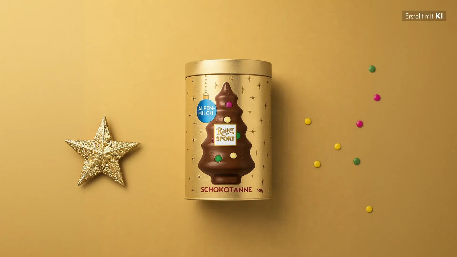 Grüne, pyramidenförmige Geschenkbox mit festlicher roter und goldener Dekoration auf dunkelgrünem Hintergrund. 
Bild wurde mithilfe von KI erstellt.