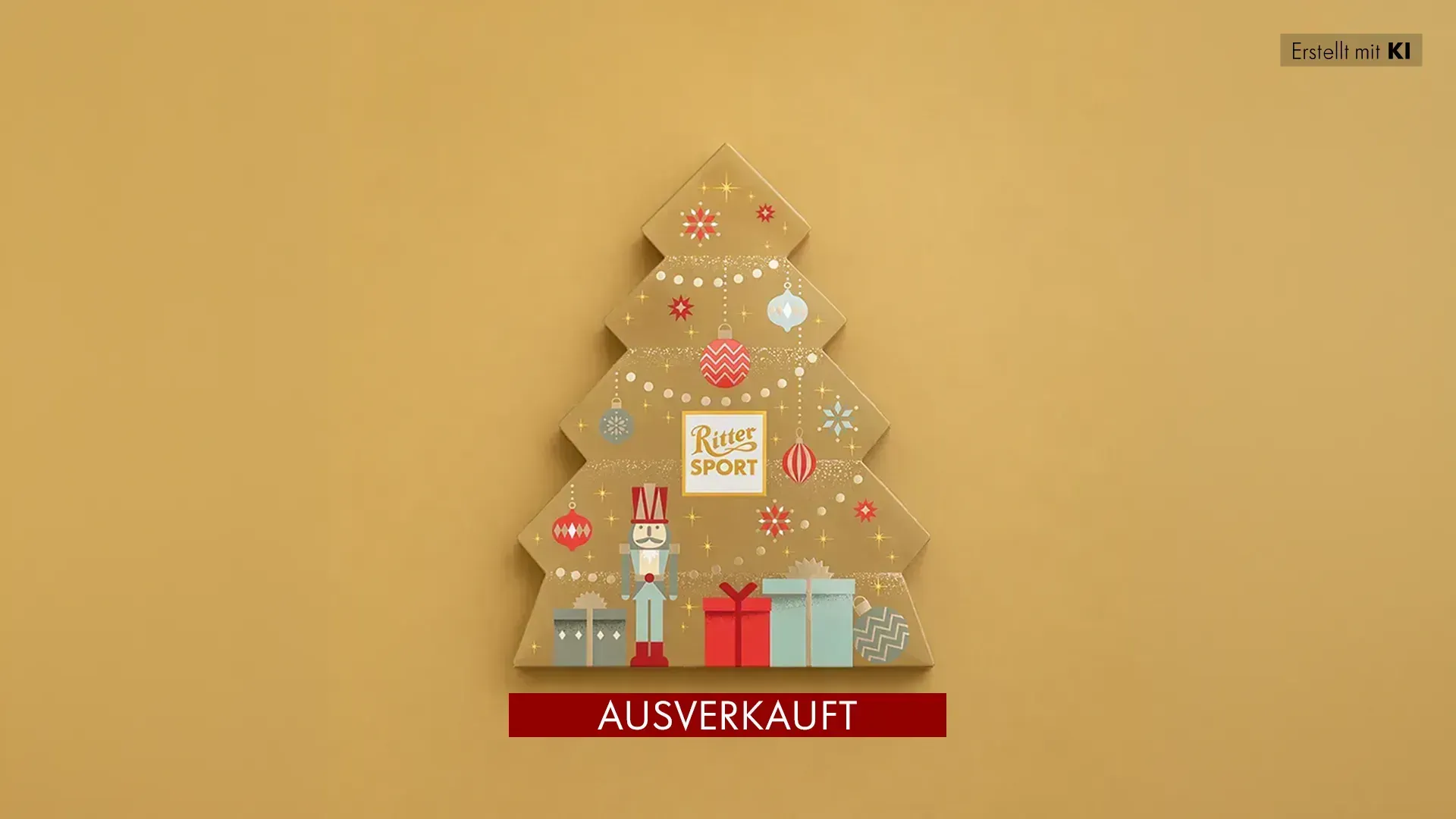 Grüne, pyramidenförmige Geschenkbox mit festlicher roter und goldener Dekoration auf dunkelgrünem Hintergrund. 
Bild wurde mithilfe von KI erstellt.