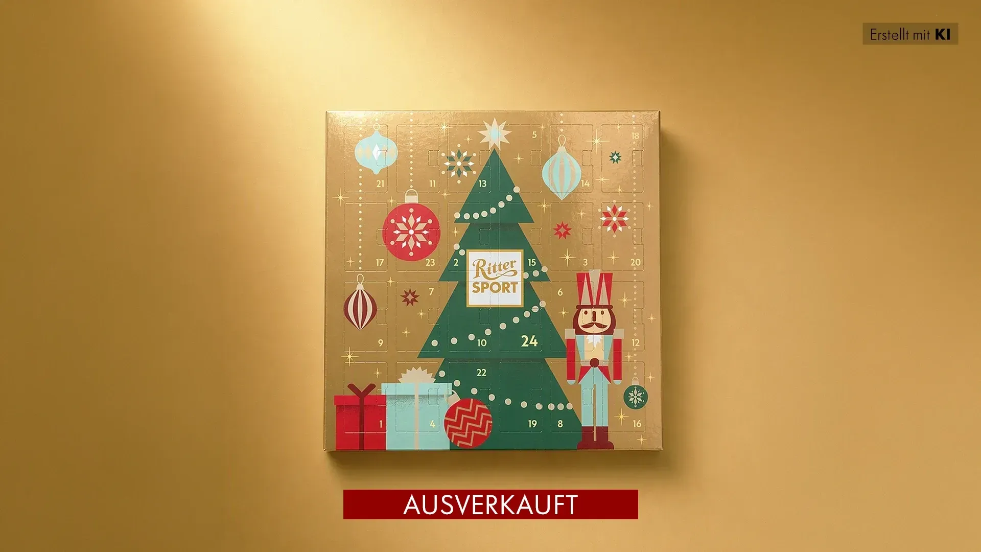 Grüne, pyramidenförmige Geschenkbox mit festlicher roter und goldener Dekoration auf dunkelgrünem Hintergrund. 
Bild wurde mithilfe von KI erstellt.