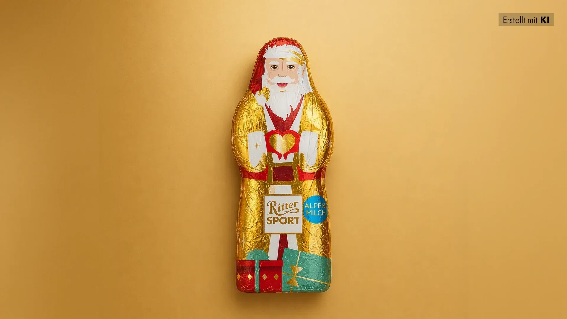 Grüne, pyramidenförmige Geschenkbox mit festlicher roter und goldener Dekoration auf dunkelgrünem Hintergrund. 
Bild wurde mithilfe von KI erstellt.