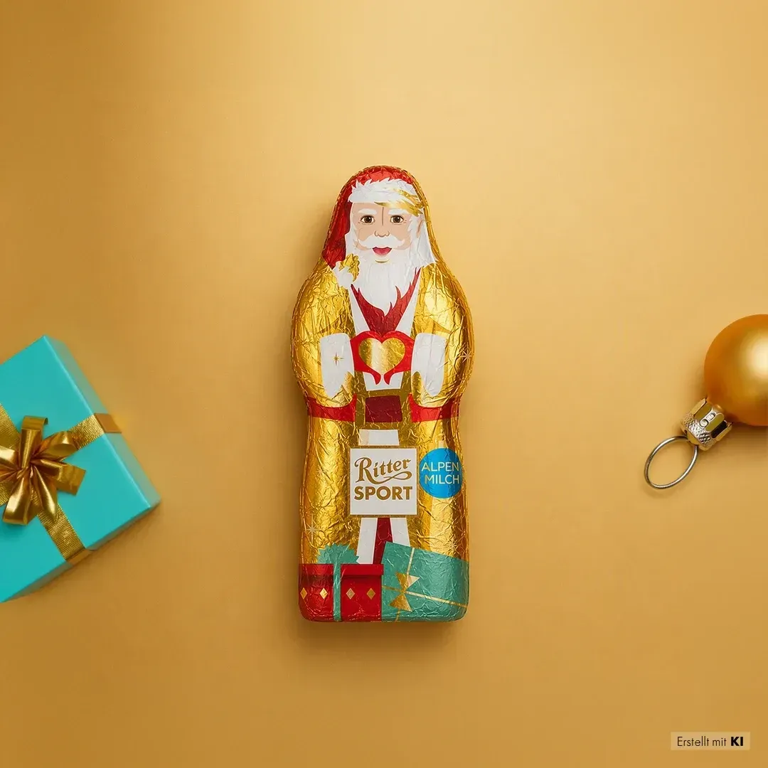 Festliche Weihnachtsmannfigur in Gold und Rot, mit einem kleinen verpackten Geschenk und einem Schmuckstück auf beigem Hintergrund - Bild erstellt mit KI.
