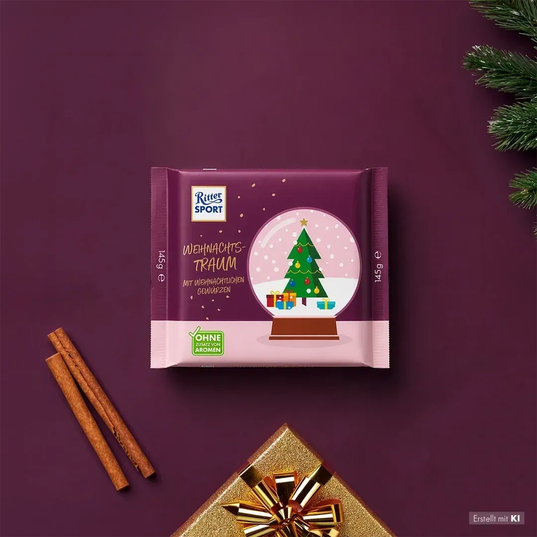 Lila weihnachtlich gestaltete Süßigkeitenverpackung mit einem Baummotiv, Zimtstangen und einem goldenen Stern auf lila Hintergrund - Bild erstellt mit KI.
