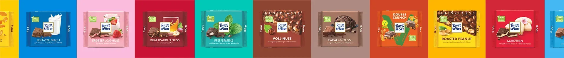 Bunte Schokolade in gerahmten Quadraten, jede vor einem anderen farbigen Hintergrund.