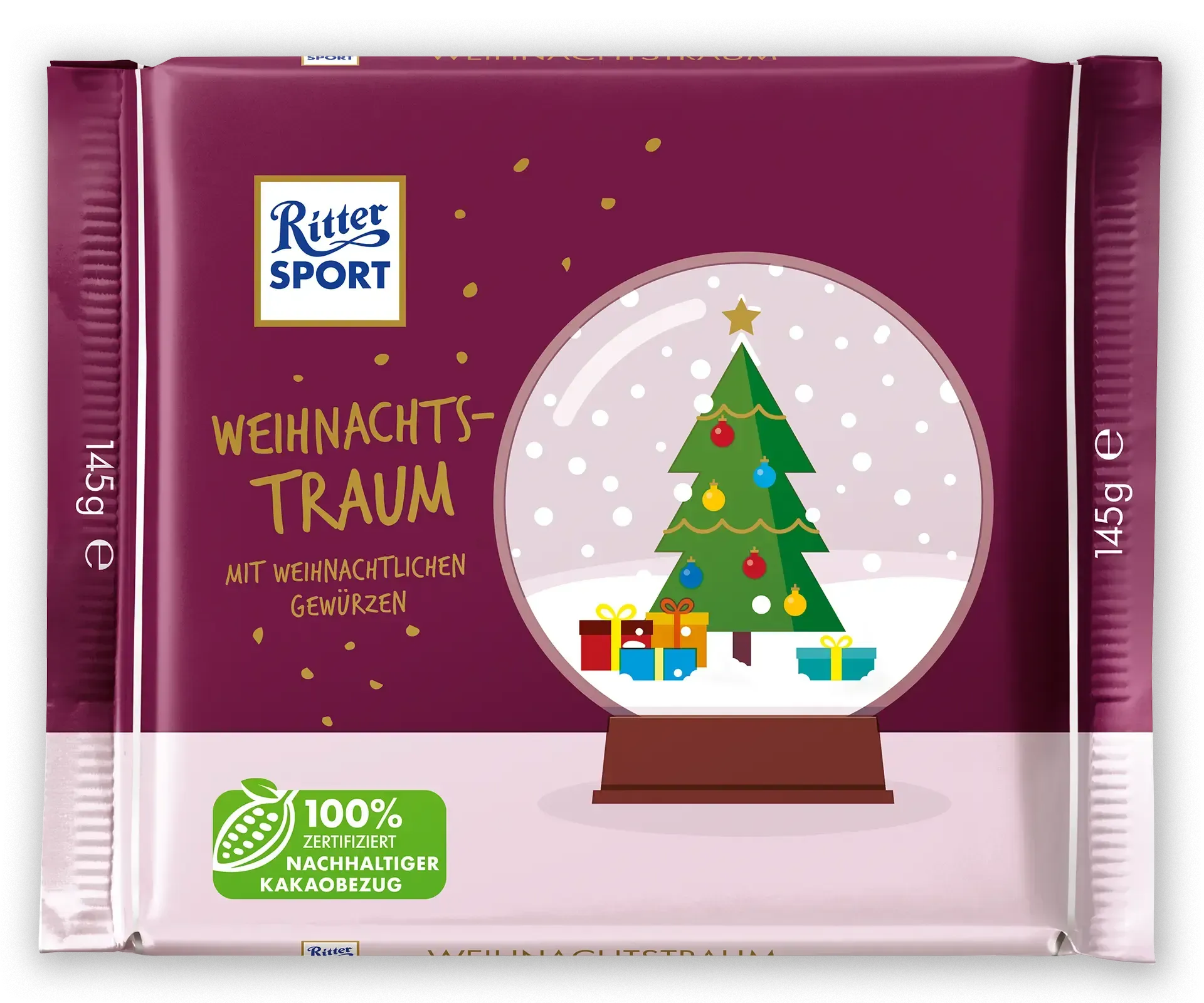 Ritter Sport Weihnachts-Traum Schokoladenverpackung mit Weihnachtsbaum-Schneekugel-Motiv auf violettem Hintergrund