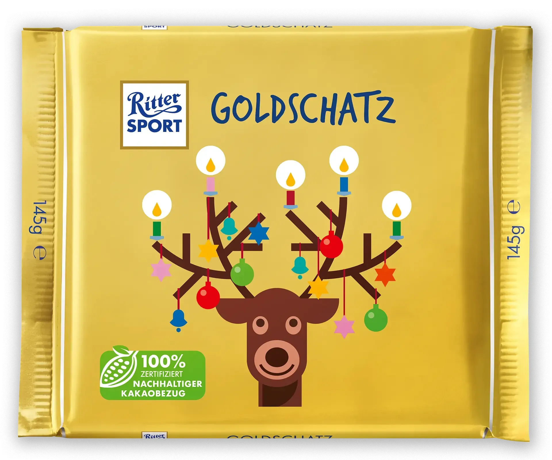 Gelbe Ritter Sport „Goldschatz“-Schokoladentafelverpackung mit festlichem Rentier- und Kerzenmotiv