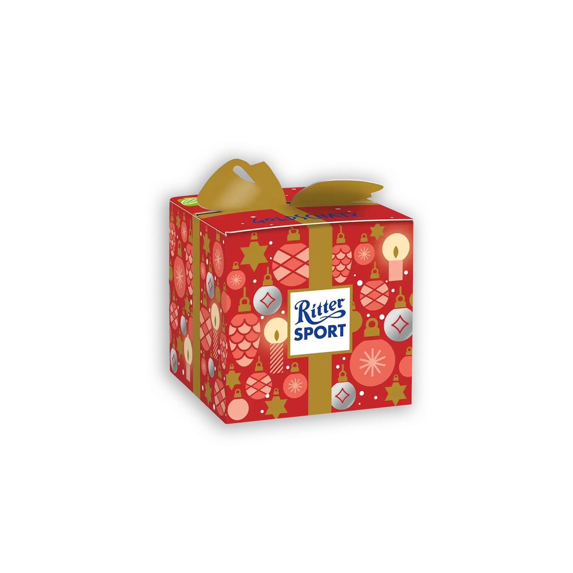Ritter Ritter Sport Geschenkbox mit goldener Schleife und weihnachtlicher Verpackung