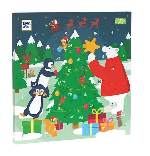Weihnachts-Adventskalender mit Pinguinmotiv: Weihnachtsmann schmückt einen Baum, Geschenke und Rentiere in einer verschneiten Landschaft.