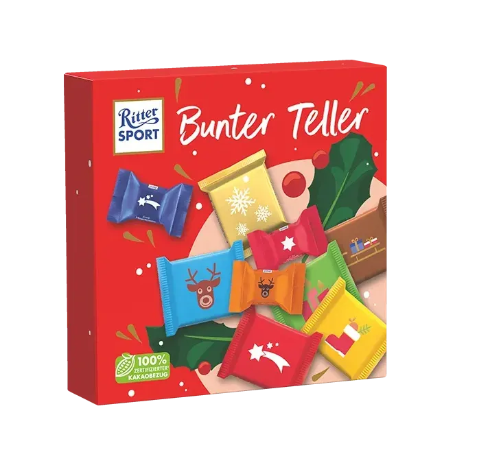 Rote Ritter Sport Bunter Teller Pralinenschachtel mit farbenfrohen, weihnachtlich verpackten Schokoladen