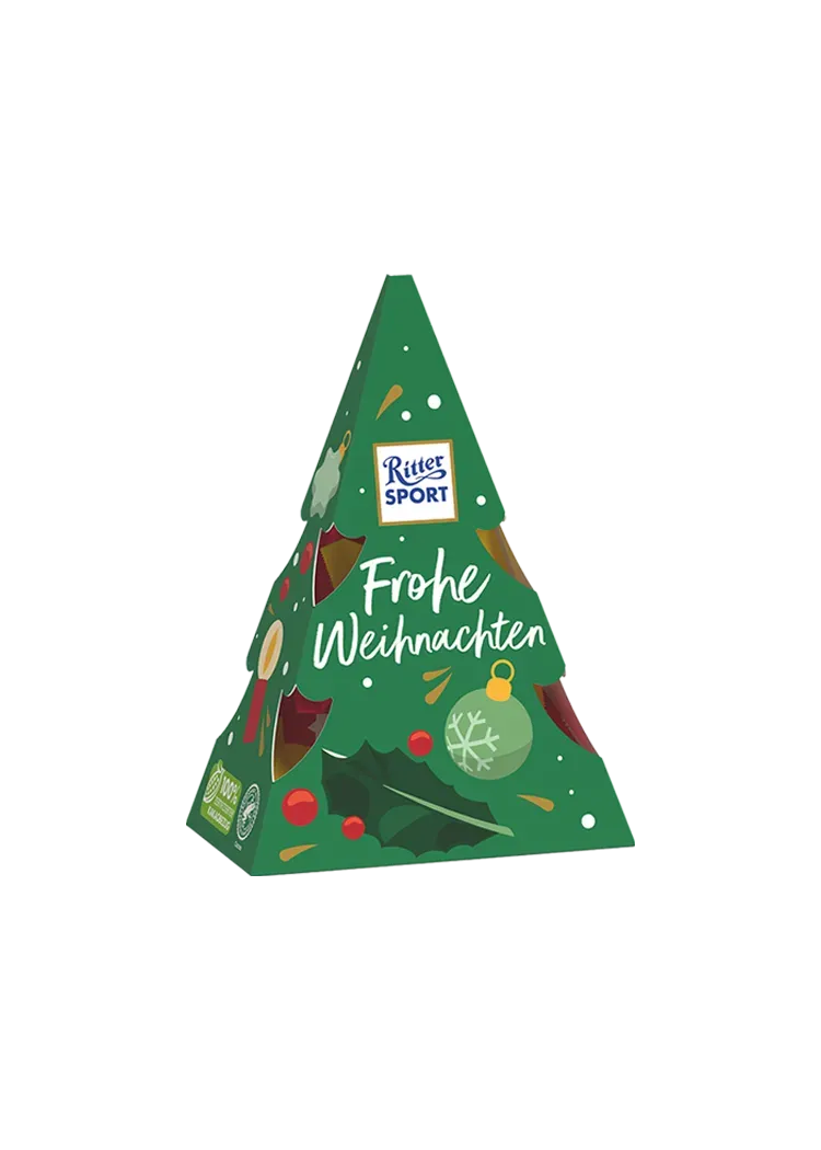 Grünes, dreieckiges Weihnachtsbäumchen mit schneeweißen Akzenten und dem Schriftzug „Frohe Weihnachten“ auf der Vorderseite.