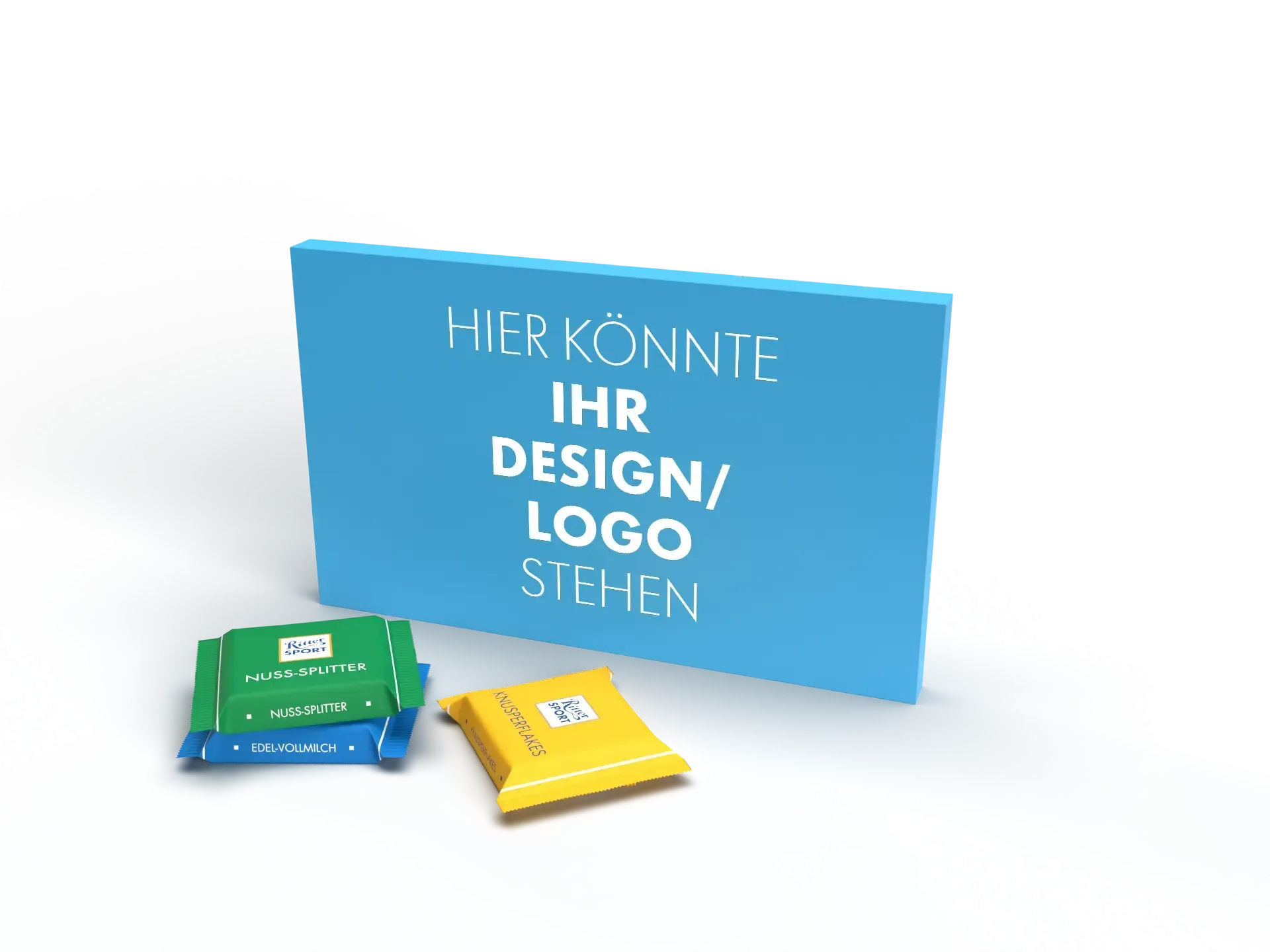 Bunte Schokoladen mit blauer Box daneben darauf in weißer Schrift 