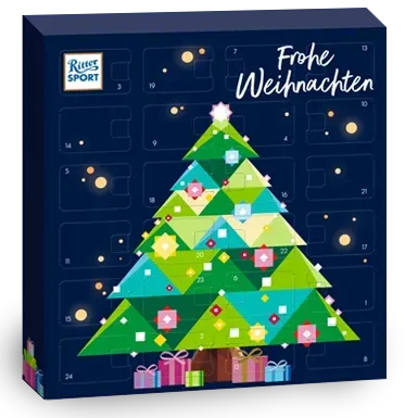 Weihnachts-Adventskalender mit einem stilisierten grünen Baum, Geschenken und dem Schriftzug „Frohe Weihnachten“ auf dunkelblauem Hintergrund