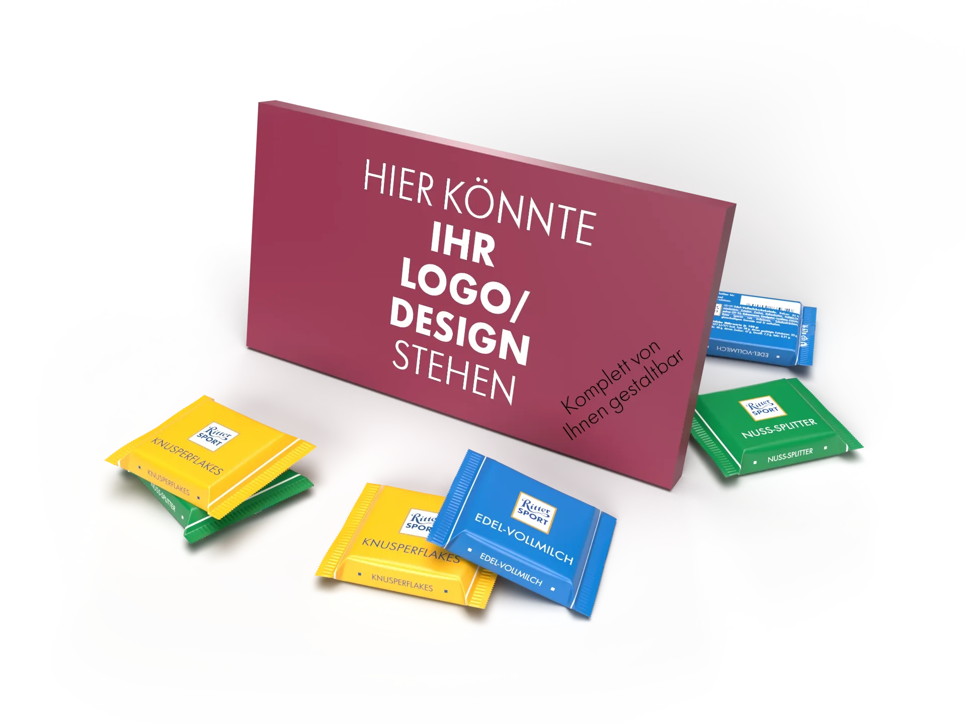 Dicke Karte “HIER KÖNNTE IHR LOGO/DESIGN STEHEN” drumherum kleine Schokoladen in verschiedenen Farben