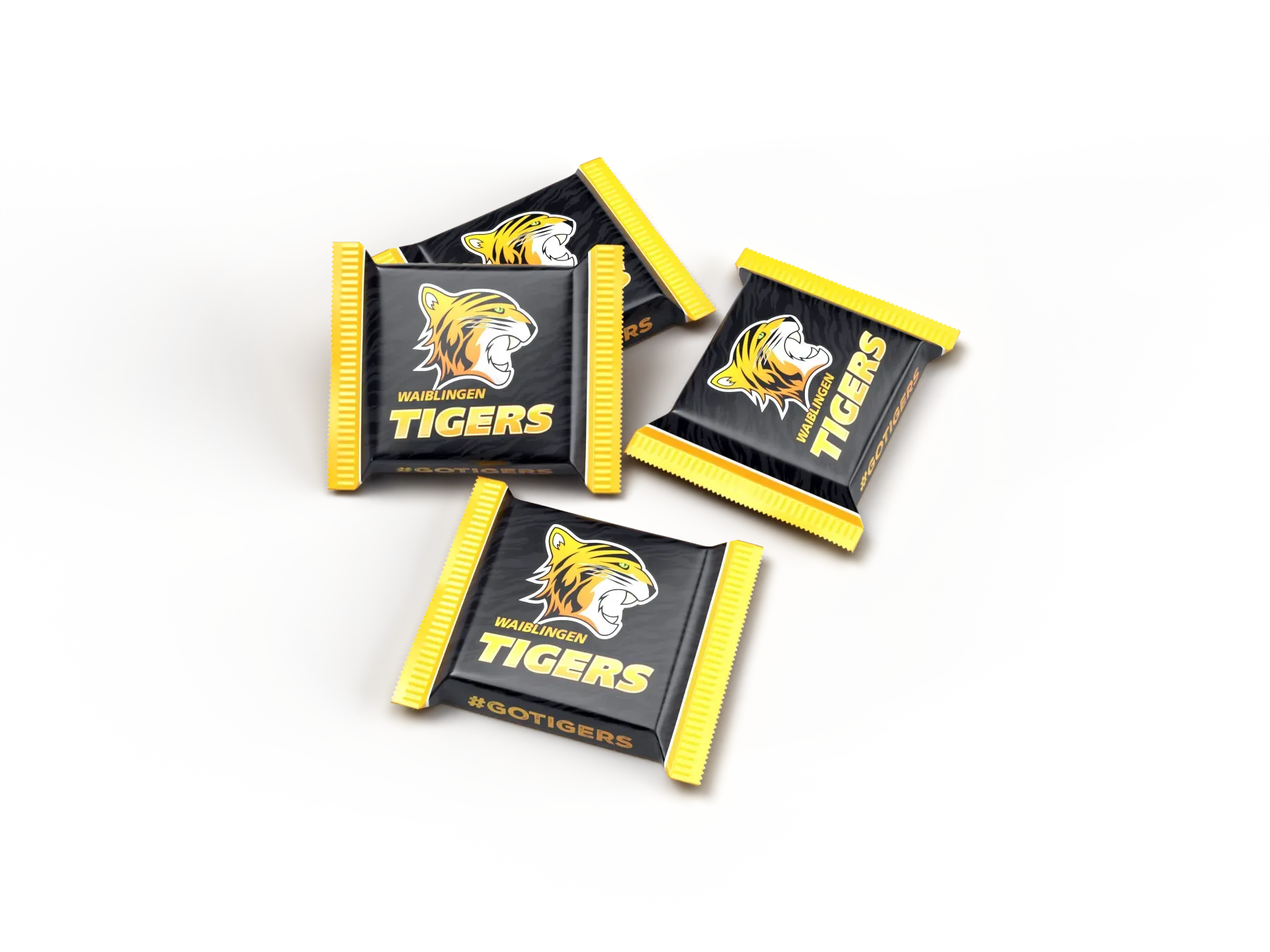 Vier schwarz-gelbe TIGERS-Schokoladen