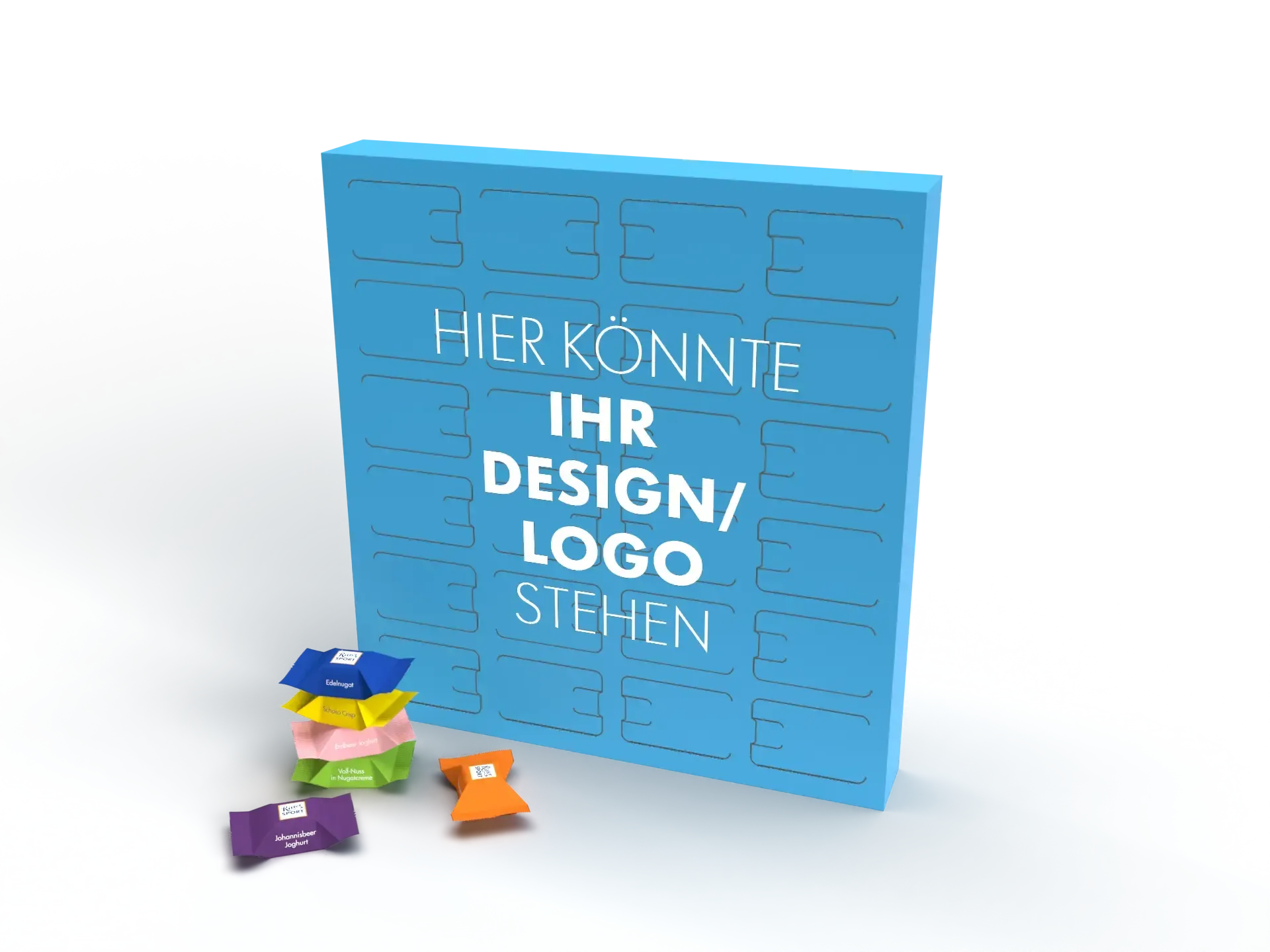 Blaue Kalender mit deutschem Text „Ihr Design/Logo hier“ und kleinen bunten Schokowürfel daneben