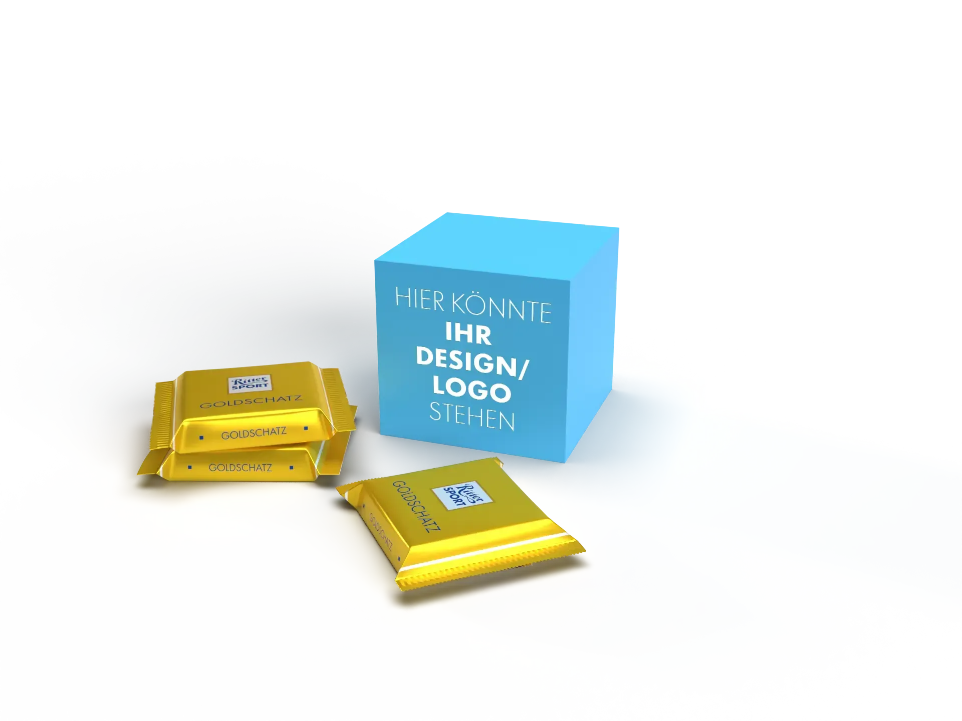 Goldene Schokoladen mit blauer Box daneben darauf in weißer Schrift 