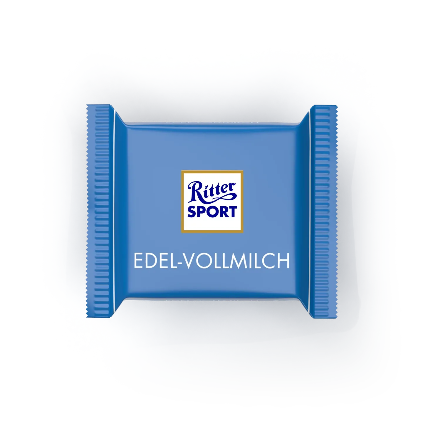 Verpackung einer blauen Ritter Sport Milchschokoladentafel mit zentriertem Logo und dem Schriftzug „Edel-Vollmilch“.