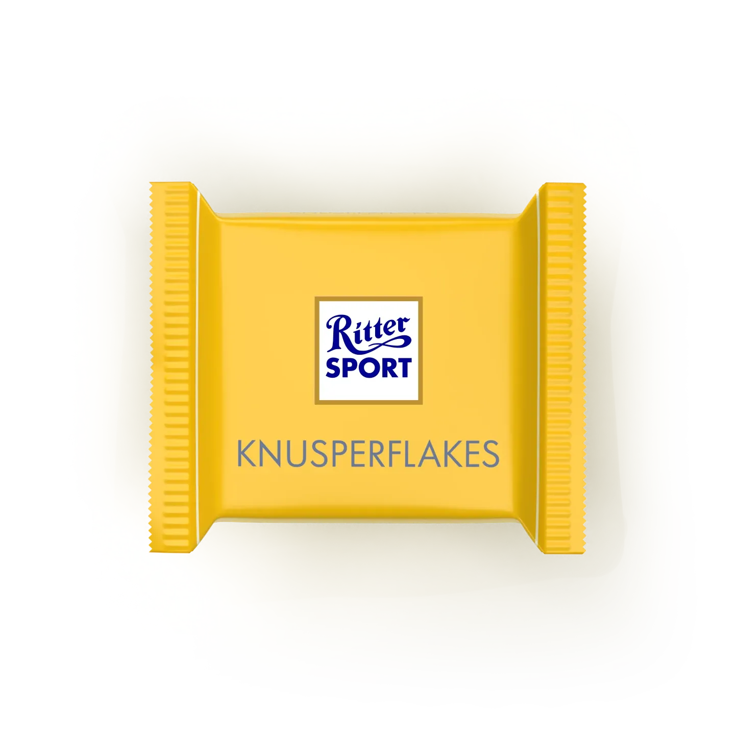 Gelbe Verpackung eines Ritter Sport Knusperflakes Schokoriegels auf weißem Hintergrund