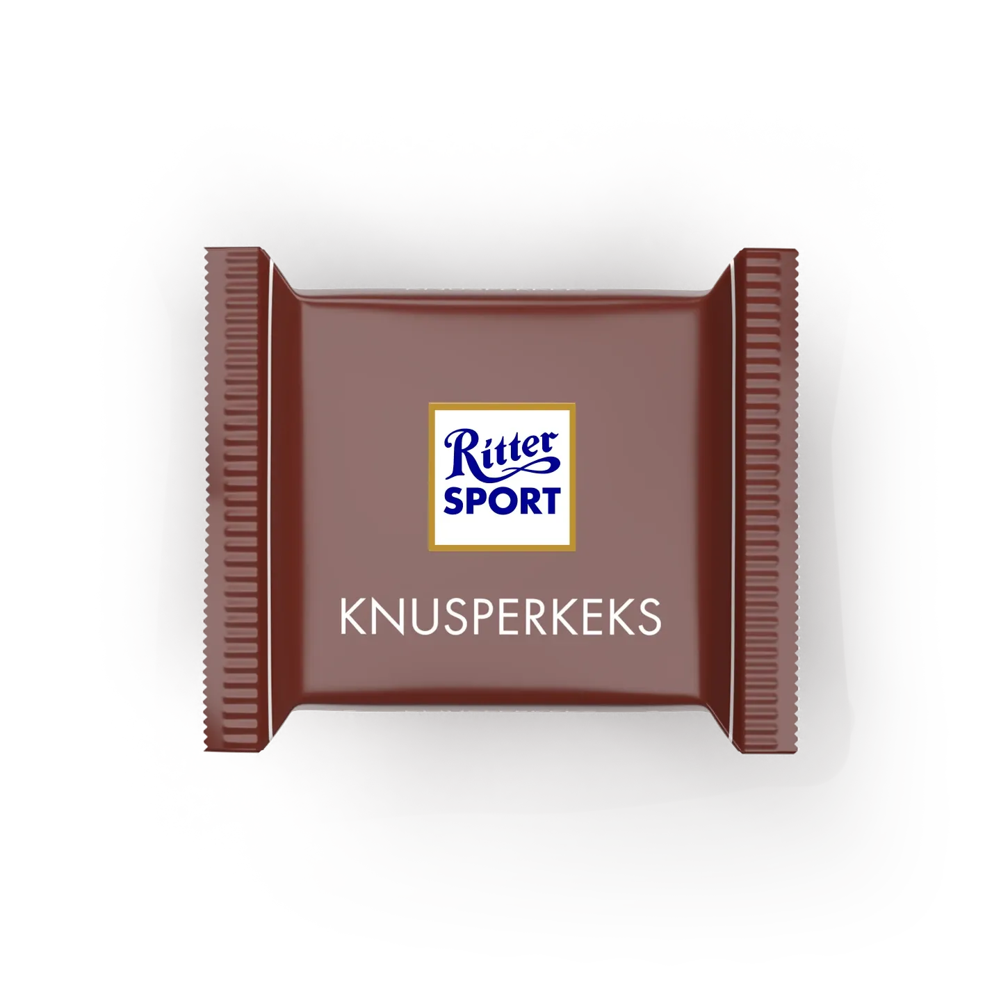 Verpackung der Ritter Sport Knusperkeks-Schokolade in Braun mit blau-weißem Ritter Sport Logo, zentriert