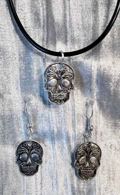 Willie G Skull style - Basic style Sterling Silver Jewelry set including earrings and pendant on leather cord necklace.