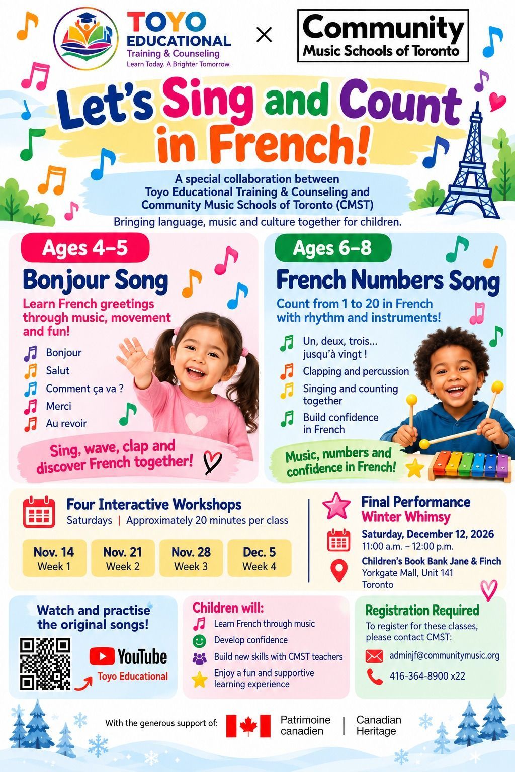 Let's Sing and Count in French flyer — Toyo Educational and Community Music Schools of Toronto, November–December 2026