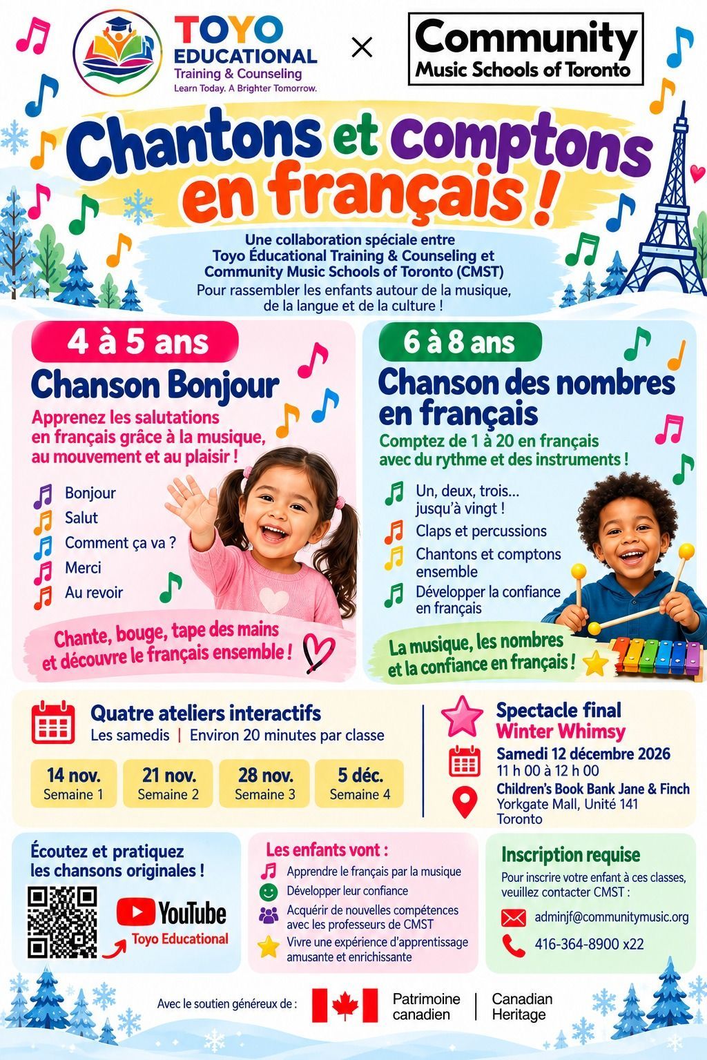 Affiche Chantons et comptons en français — Toyo Educational et Community Music Schools of Toronto, novembre–décembre 2026