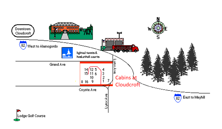 Map showing directions to the Cabins at Cloudcroft Office, located near highway 82 and local streets in Cloudcroft.