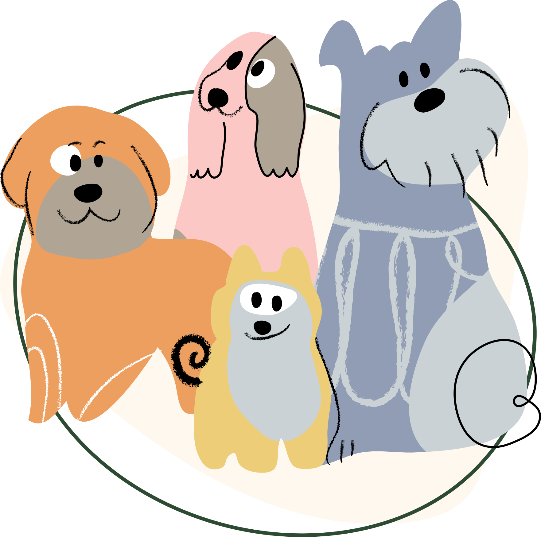 Cartoon four dogs in orange, pink, yellow, and gray, grouped together with friendly expressions