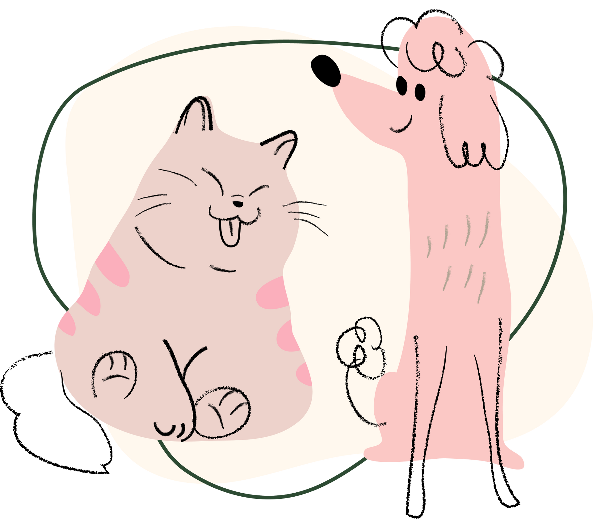 Pink cat and poodle cartoon with soft pastel colors, sitting together in a simple sketch-style scene
