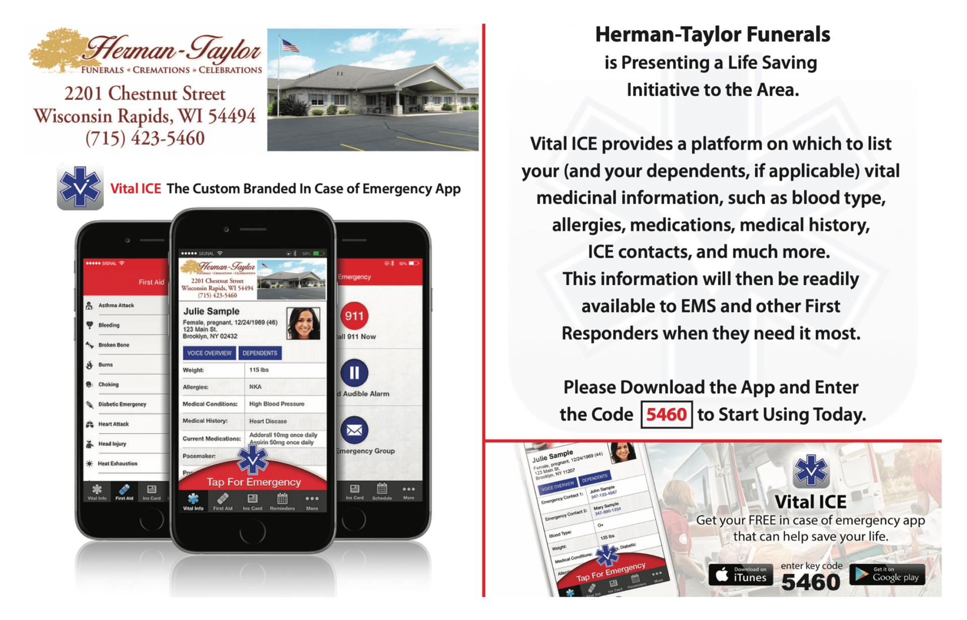Promotional flyer for Hermant-Taylor Funerals with phones, website, and obituary notice details