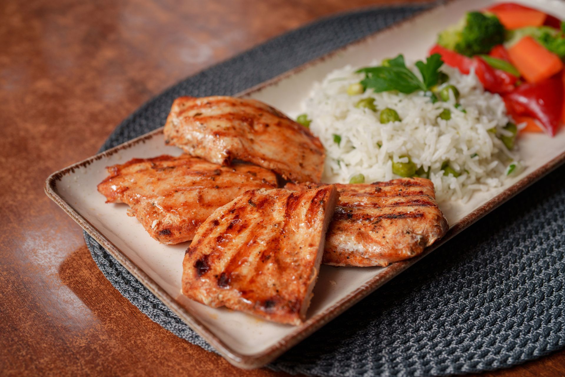 Grilled salmon with rice and vegetables. Grilled salmon with rice and vegetables.