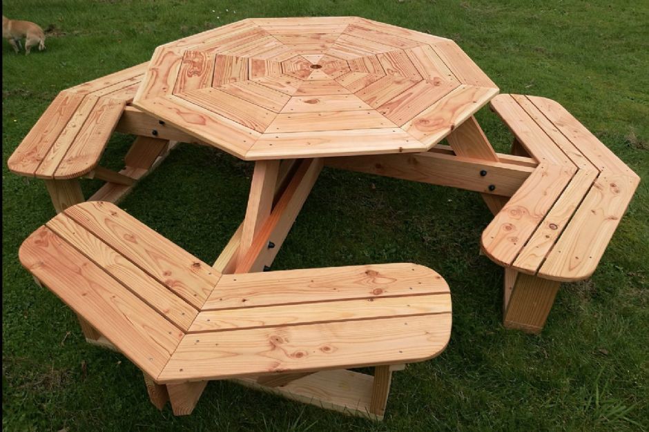 Et picnicbord i træ med en hund i baggrunden