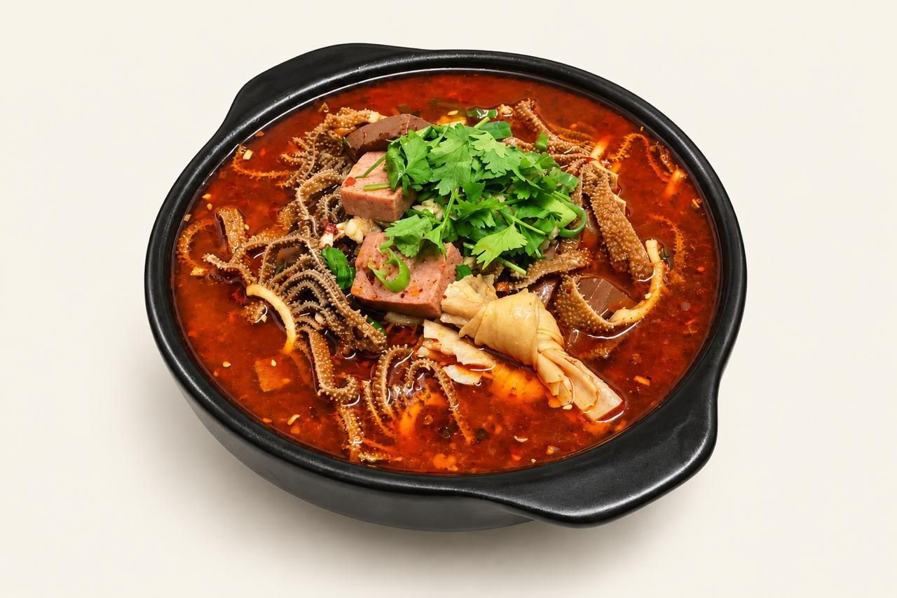 Scharfe rote Nudelsuppe mit Pilzen und Koriander in einer schwarzen Schüssel