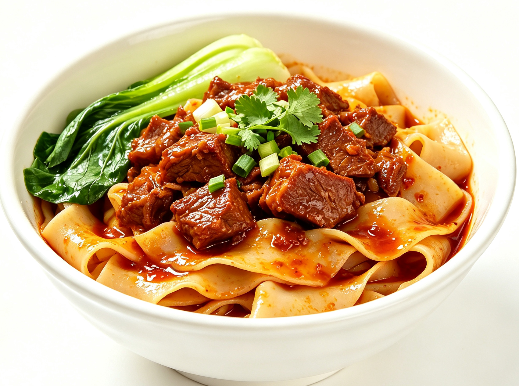 Schüssel mit Pappardelle, bedeckt mit Rinderschmorgericht, Blattgemüse und gehackten Frühlingszwiebeln