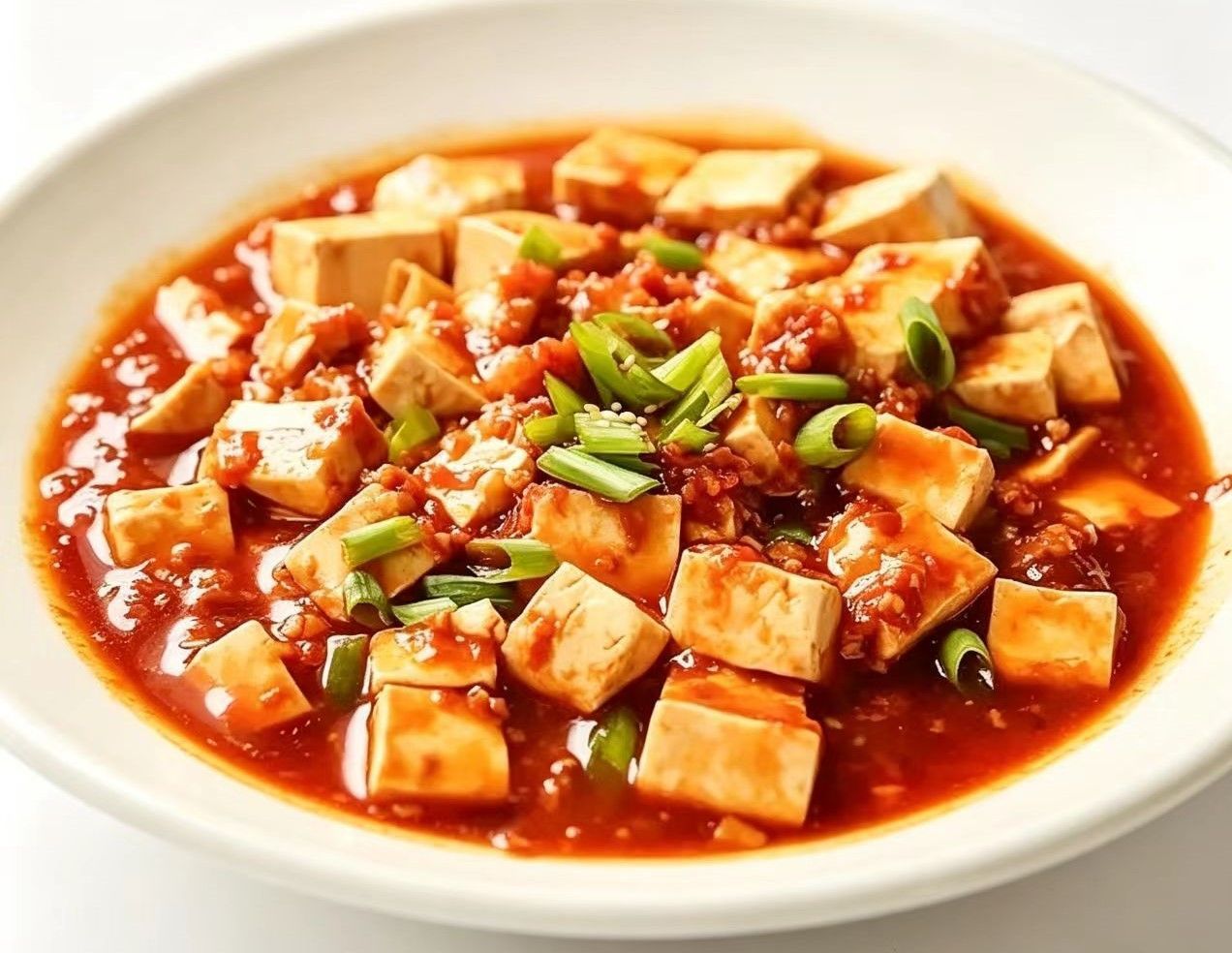 Gewürfelter Tofu in scharfer roter Sauce, mit Frühlingszwiebeln garniert und in einer weißen Schüssel serviert