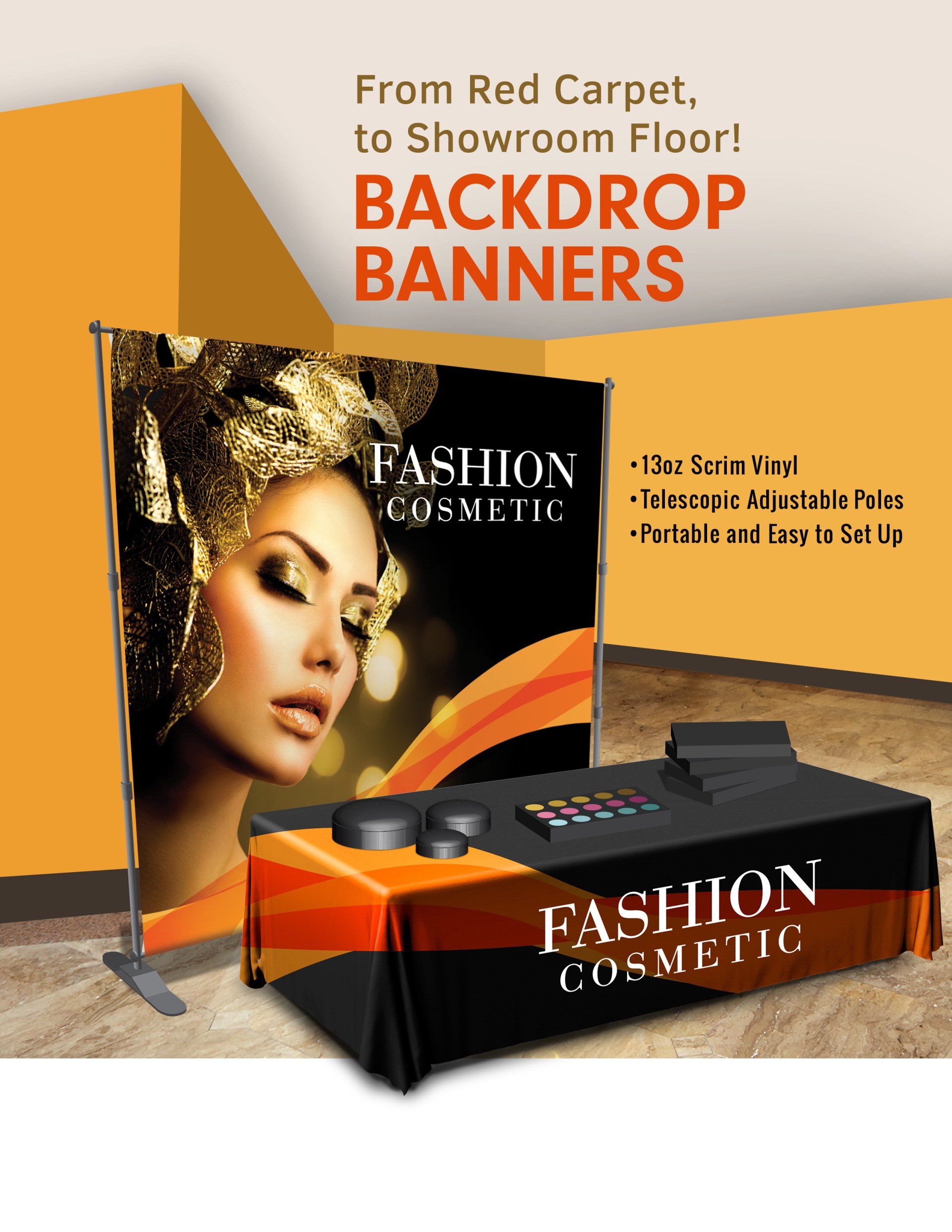 A backdrop banner with a woman 's face on it