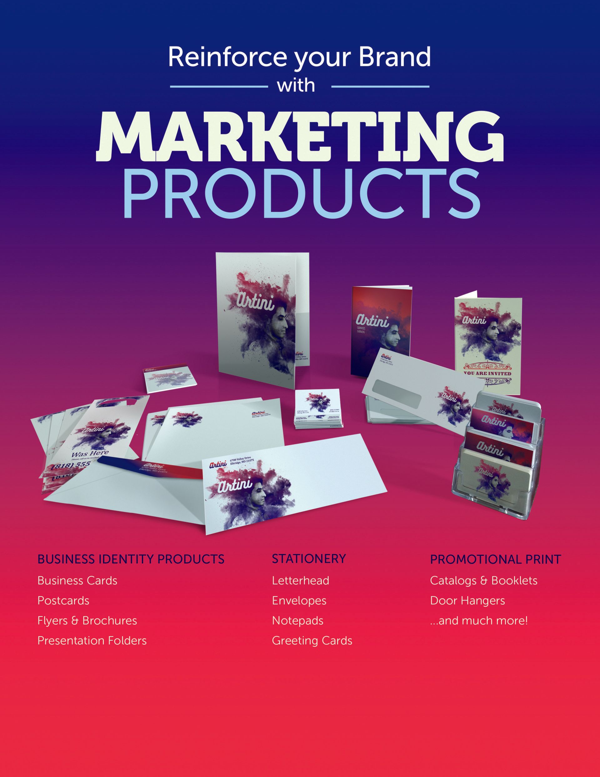 A poster that says `` reinforce your brand with marketing products ''