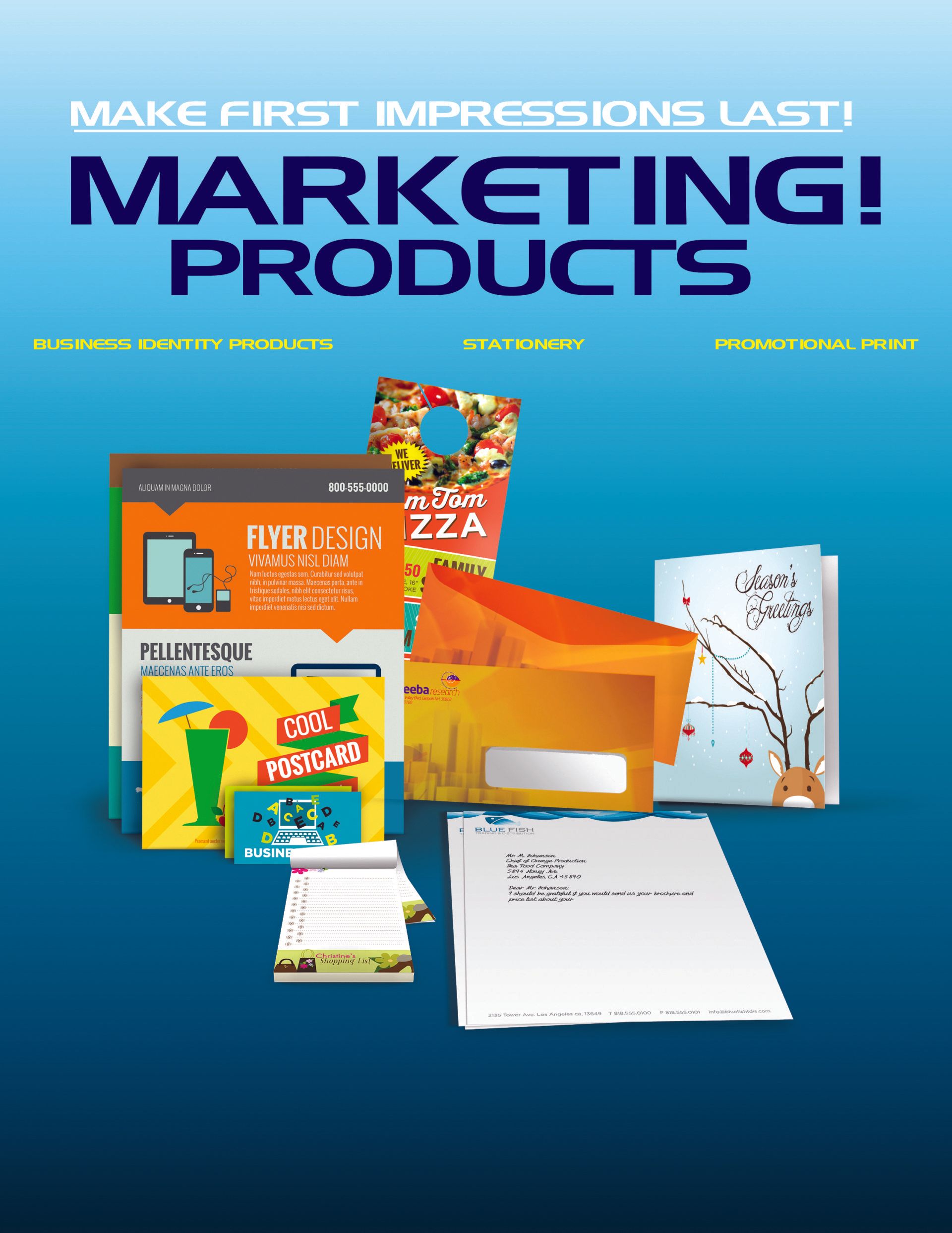 A blue background with the words marketing products on it
