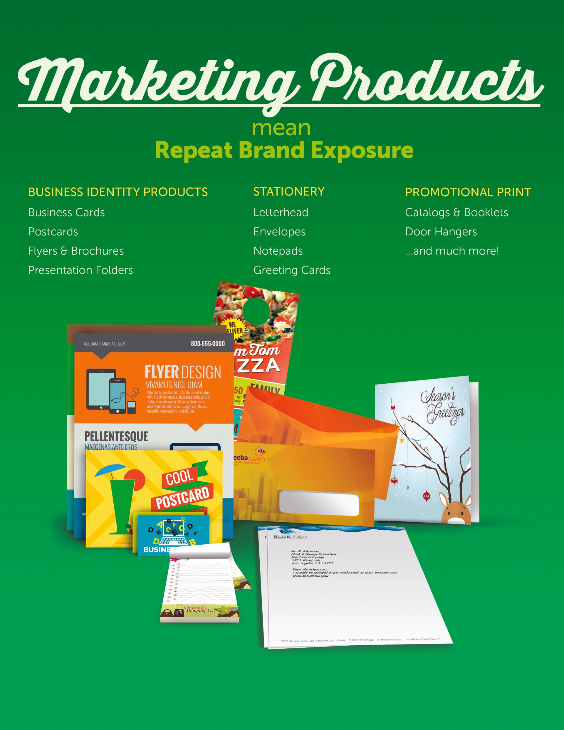 A green poster with a bunch of different types of marketing products on it.